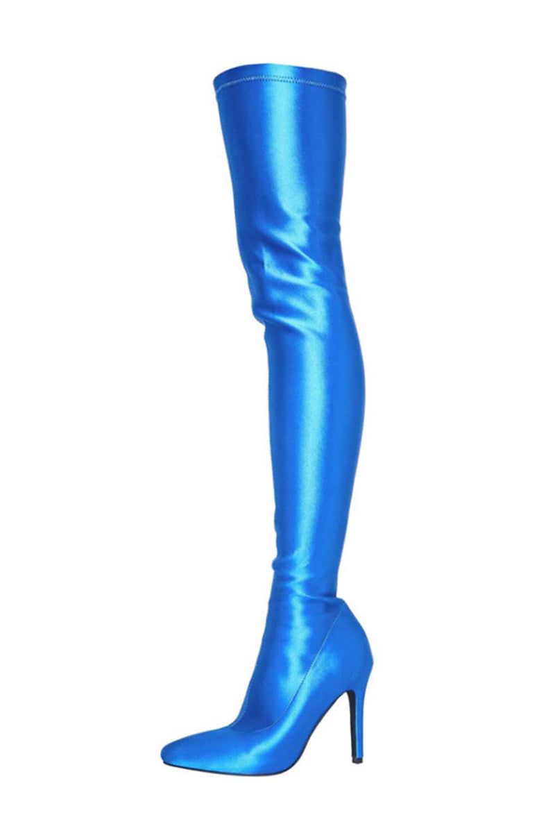 Blue Satin Pointed Toe Thigh High Boots
