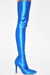 Blue Satin Pointed Toe Thigh High Boots