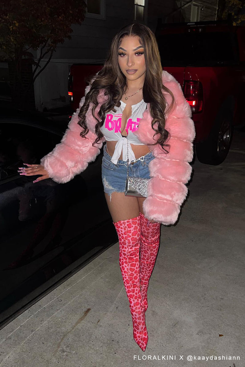 Pink Leopardsatin Pointed Toe Thigh High Boots