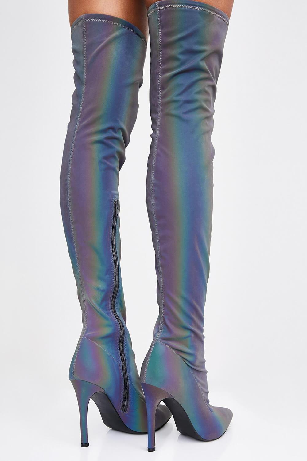 Rainbow Reflective Satin Pointed Toe Thigh High Boots