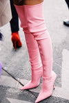 Pink Satin Pointed Toe Thigh High Boots