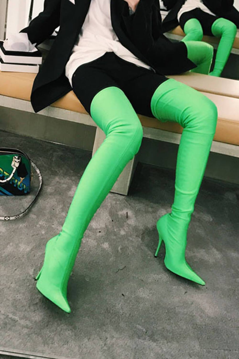 Green Satin Pointed Toe Thigh High Boots