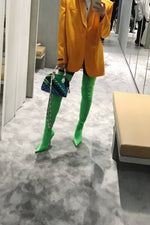 Green Satin Pointed Toe Thigh High Boots