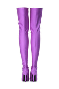 Purple Satin Pointed Toe Thigh High Boots