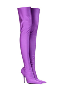 Purple Satin Pointed Toe Thigh High Boots