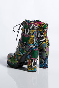 Multi-Colored Python Lace-Up Platform Chunky Heeled Boots With Buckle Detail