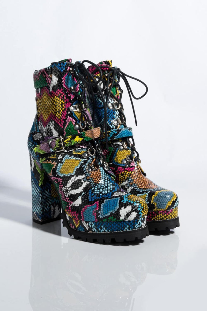 Multi-Colored Python Lace-Up Platform Chunky Heeled Boots With Buckle Detail